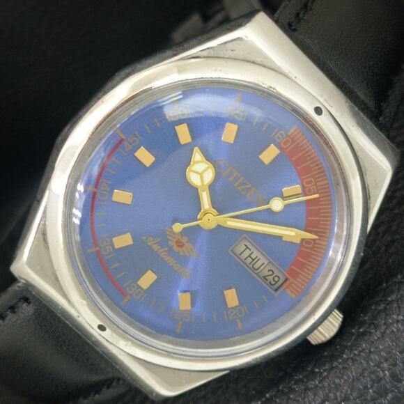 Vintage 1970 Citizen Automatic Mens Silver Watch W/daydate & Blue accents